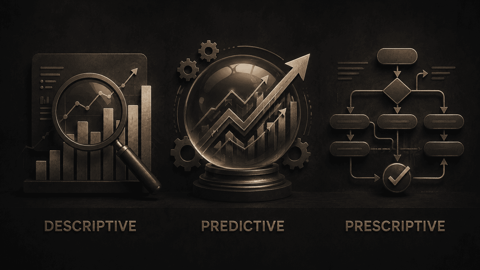 Illustration of descriptive, predictive and prescriptive analytics as three stages in a data driven decision process.